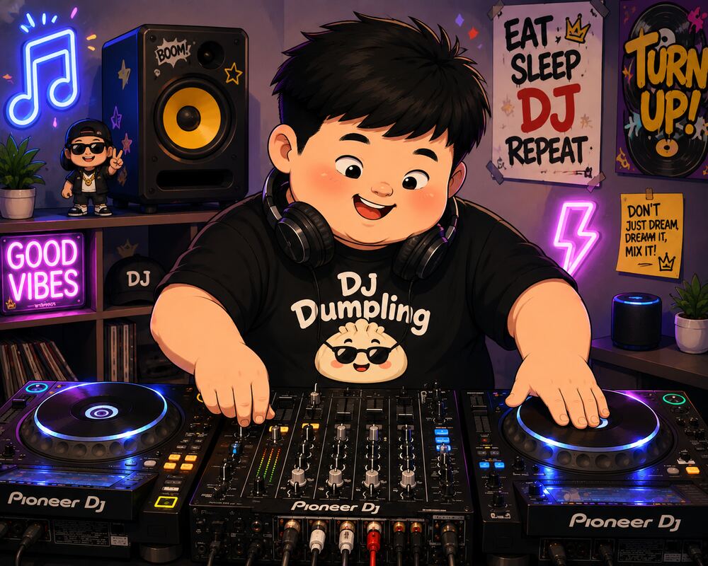 Cartoon of Jaiden DJing behind a pair of decks, headphones round his neck.